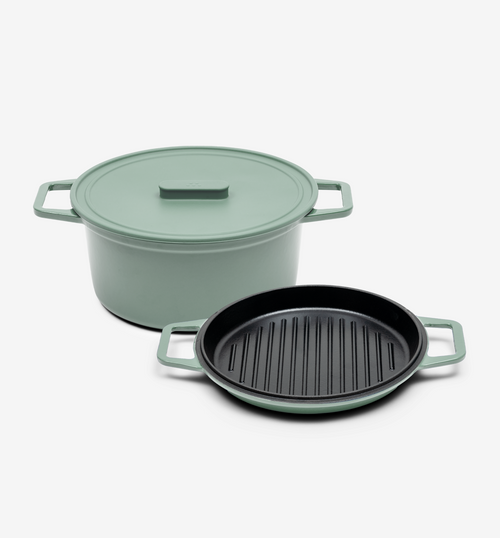 Sage green cast iron Dutch oven with lid and matching grill pan set